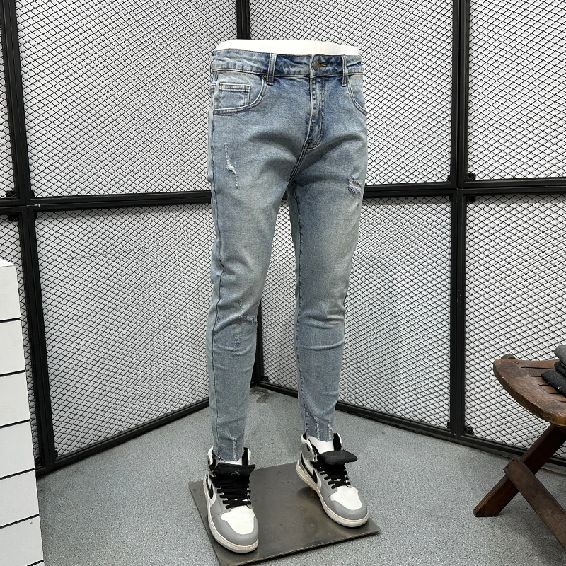 HAESONMENEAT哈逊梅奈牛仔裤男夏季潮流时尚休闲九分裤修身小脚裤