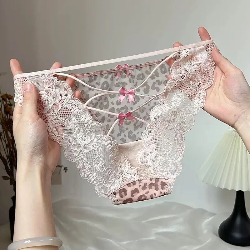 高品质性感御姐豹纹蕾丝内裤女诱惑透明镂空纯欲蝴蝶结三角裤粉色