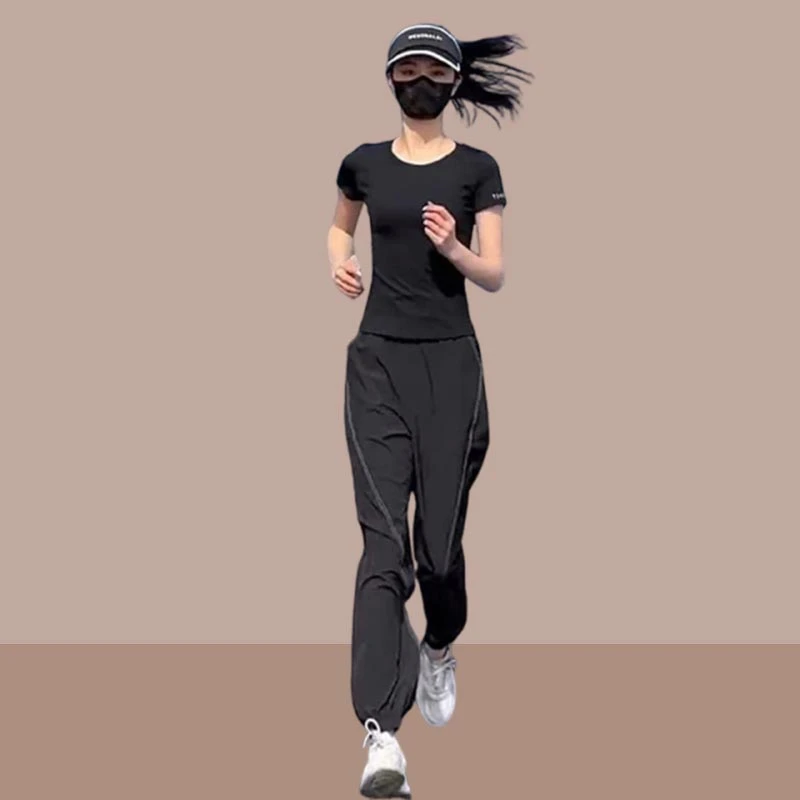 健身服休闲运动套装女2026夏季高端品牌黑色短袖T恤阔腿裤两件套