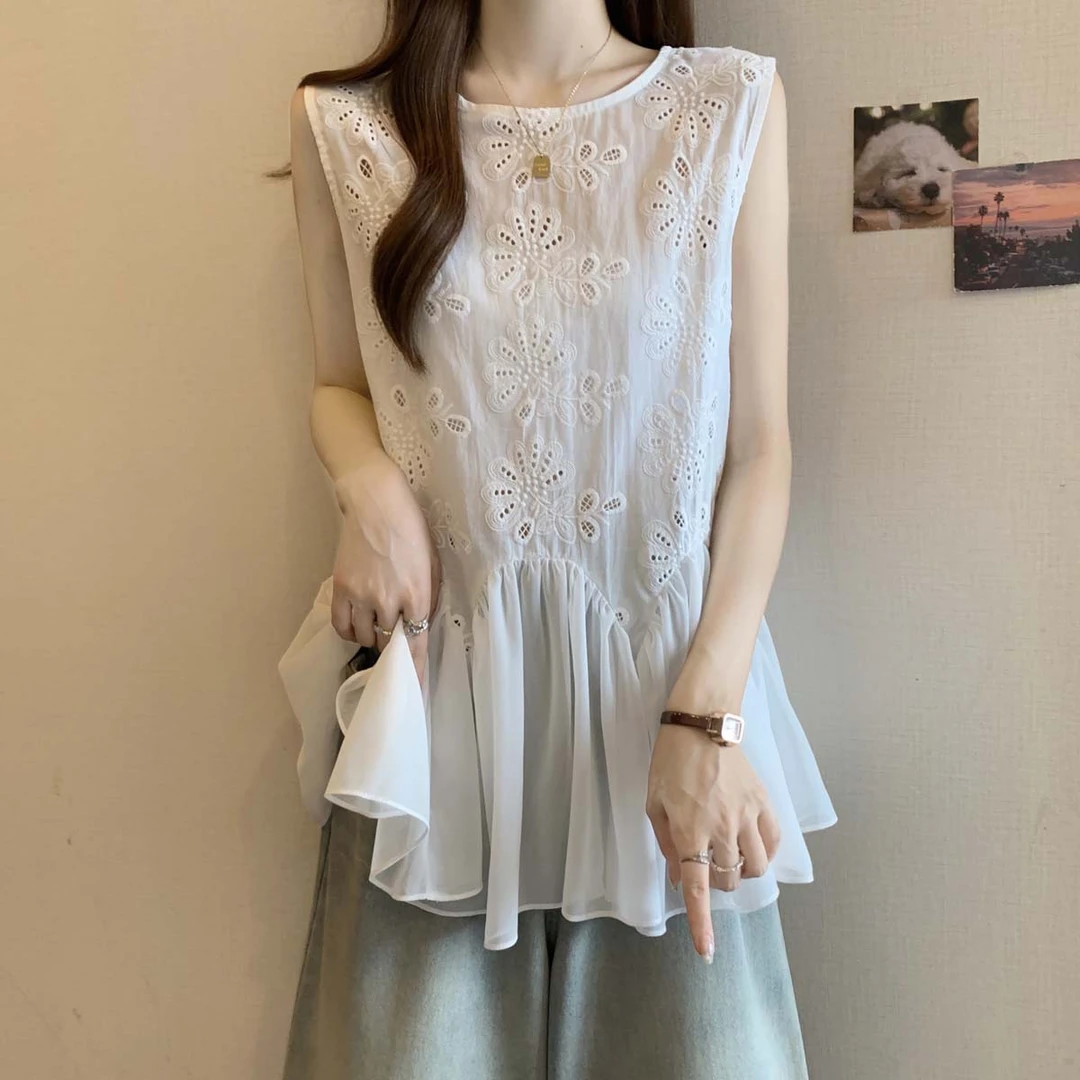 2025新款夏季镂空蕾丝刺绣无袖雪纺衫上衣大码胖mm遮肚小衫背心女