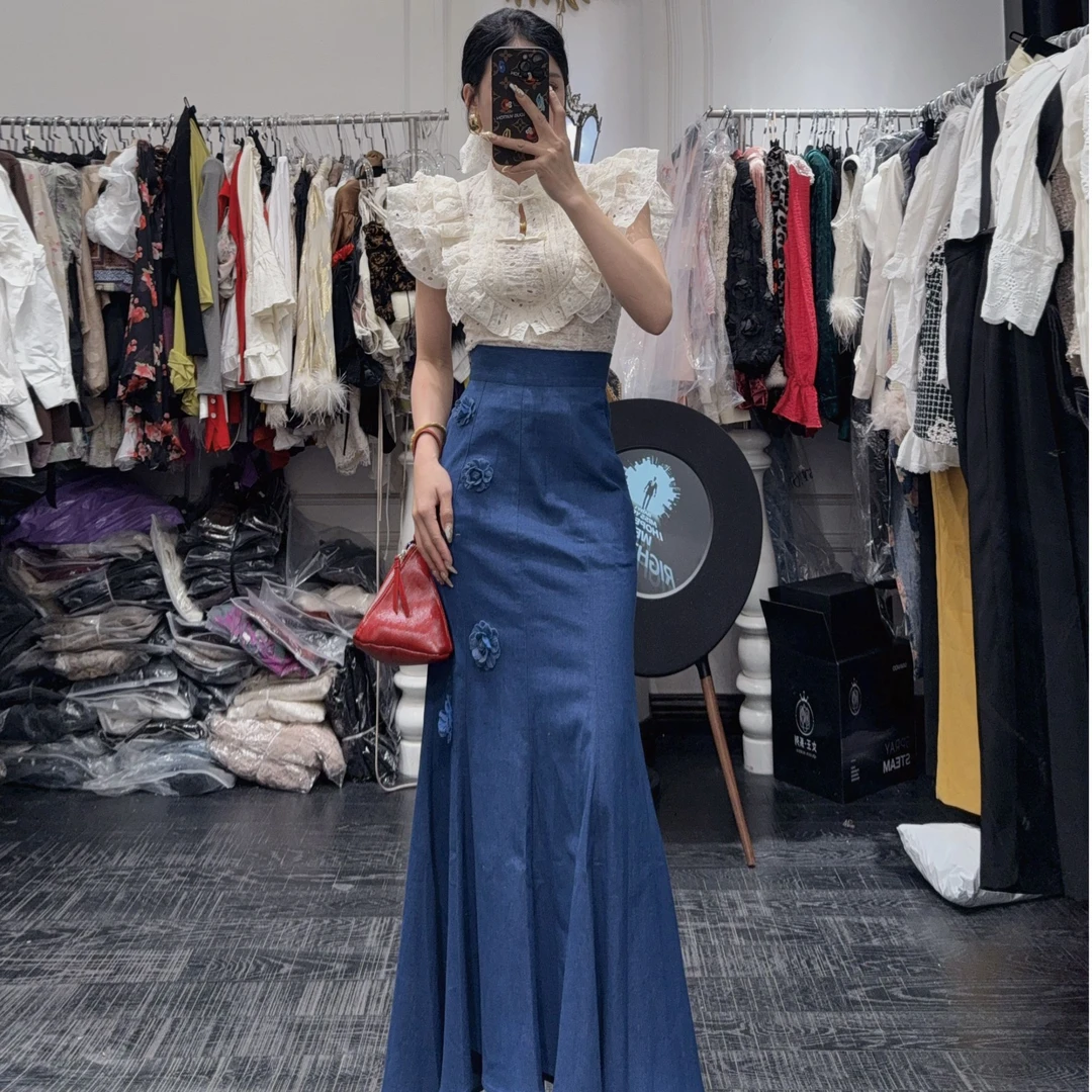 大气元（半身裙）《设计款》复古立体花牛仔鱼尾裙