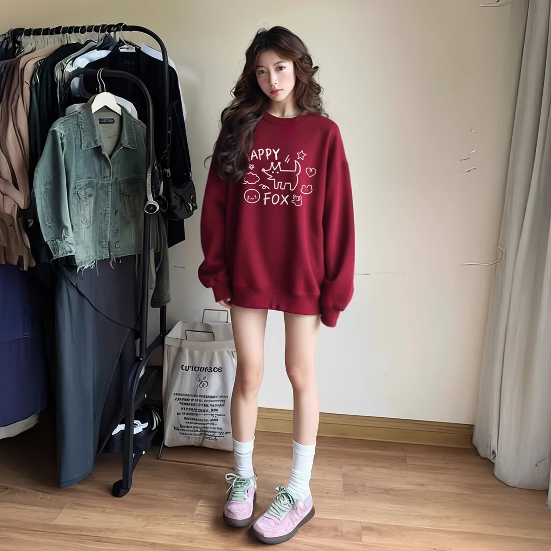 特大码300斤酒红色圆领卫衣女加绒加厚秋冬季宽松无帽设计感上衣