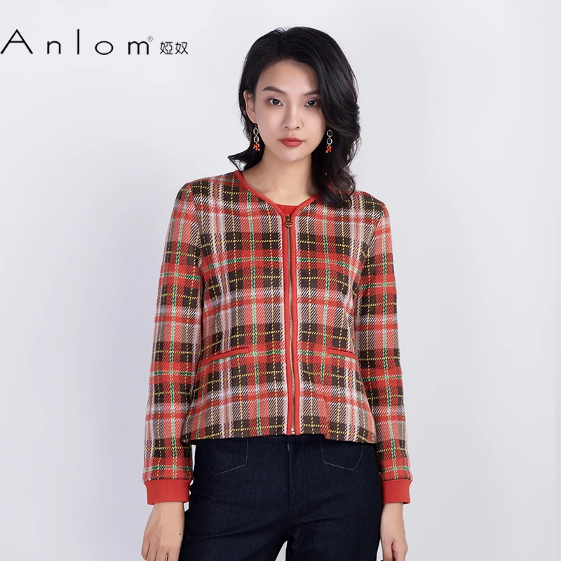 Anlom/娅奴格子棉衣桑蚕丝短外套女秋冬新款长袖袖简约百搭上衣