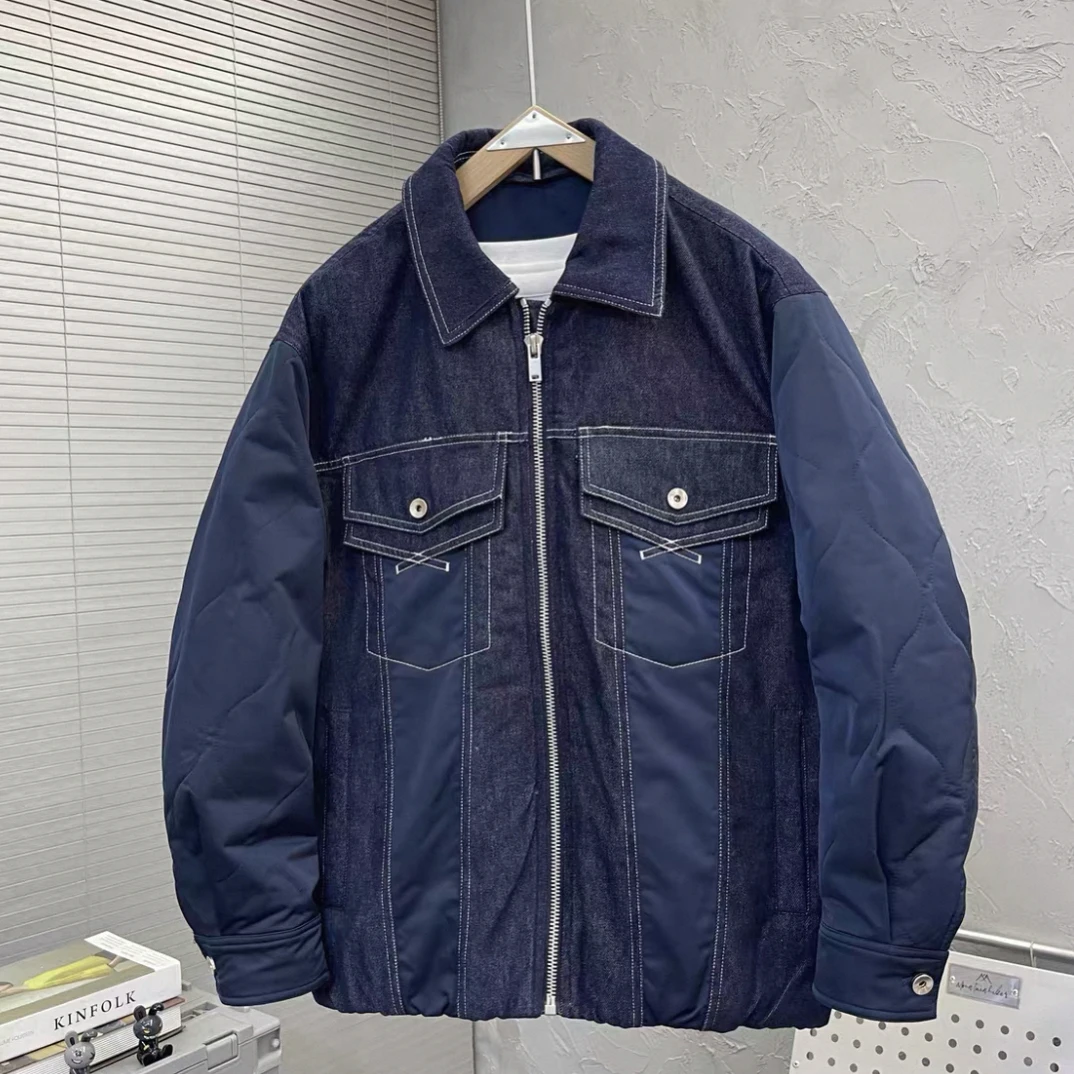 美式复古牛仔拼接翻领大众冬季轻薄保暖羽绒服外套 95719