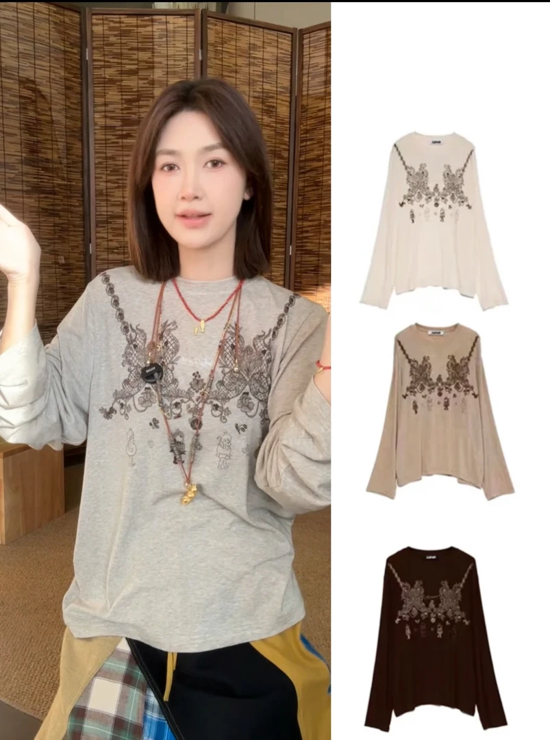 AUB小众高级感蕾丝古着感复古印花休闲长袖T恤上衣25春季新款