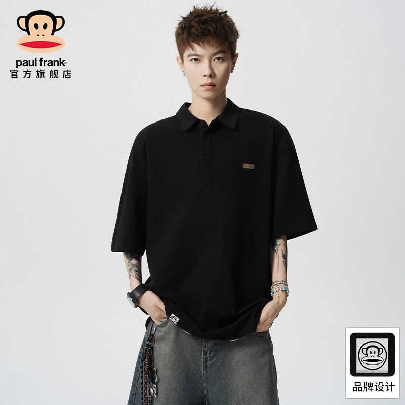 Paul Frank/大嘴猴黑色短袖POLO衫2025夏季美式潮牌半袖翻领t恤男
