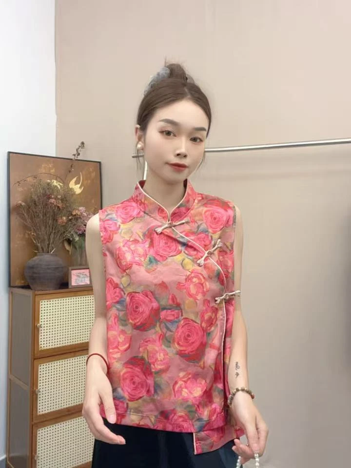 知喜  牡丹花  2025夏季新款新中式立领斜襟气质时尚上衣百搭复古