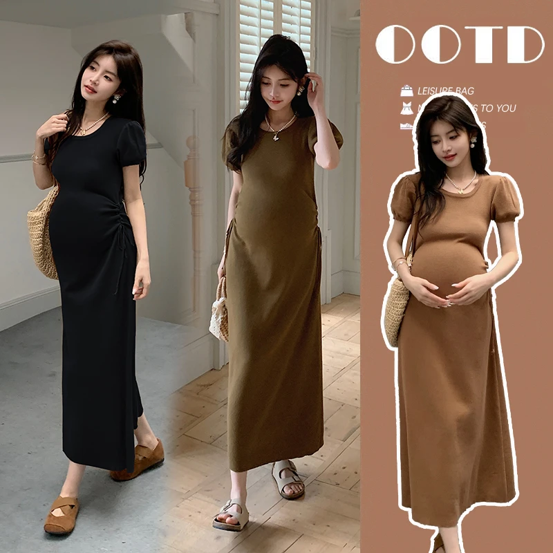 孕妇装夏季韩版宽松修身孕妇连衣裙长款孕妇裙开叉中长款气质上衣