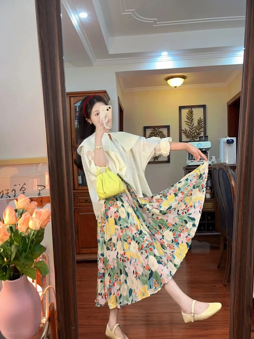 1291 油画法式半身裙女设计感显瘦中长款春夏季百搭a字裙子