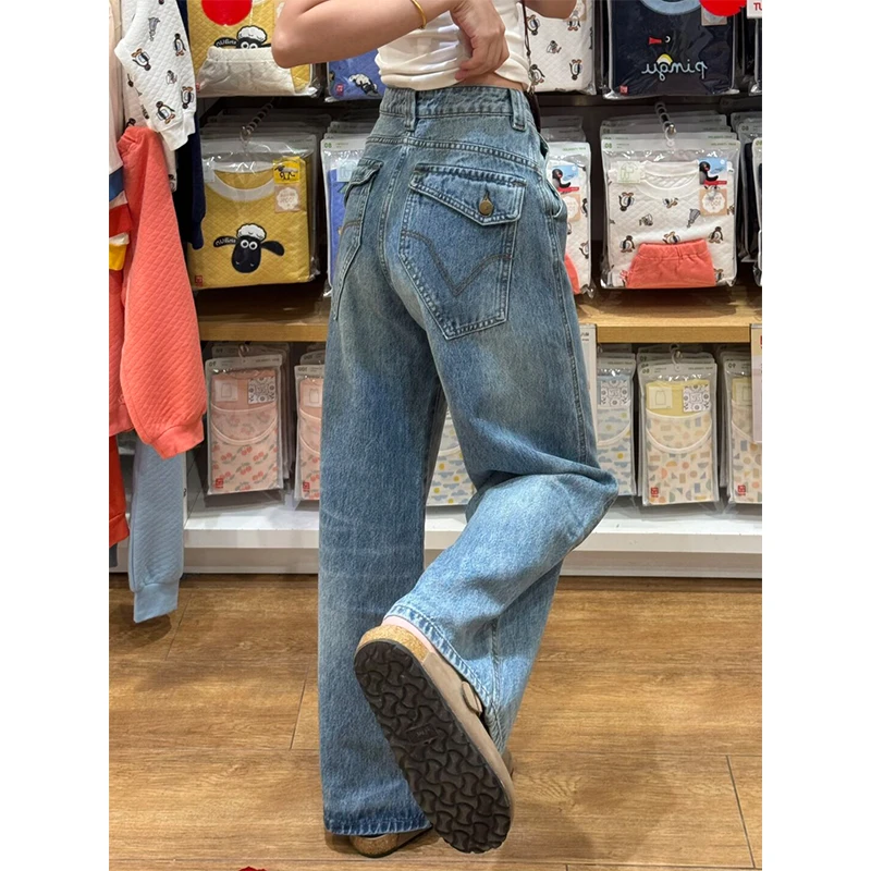 微胖mm高腰独特设计感刺绣牛仔裤女秋季款宽松设计感美式直筒长裤