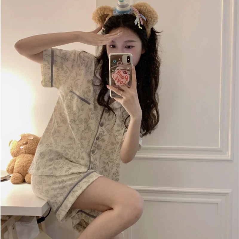 复古韩版ins风小碎花睡衣女夏季花卉开衫短袖大码休闲家居服套装