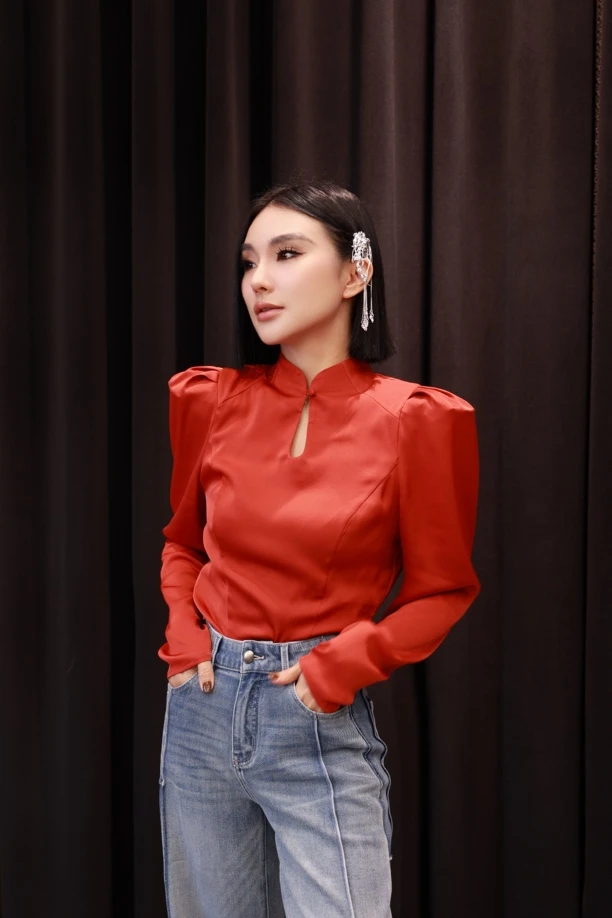 【妙妙精选】HUANGNAJI橘红色中式时尚气质桑蚕丝立领上衣0146