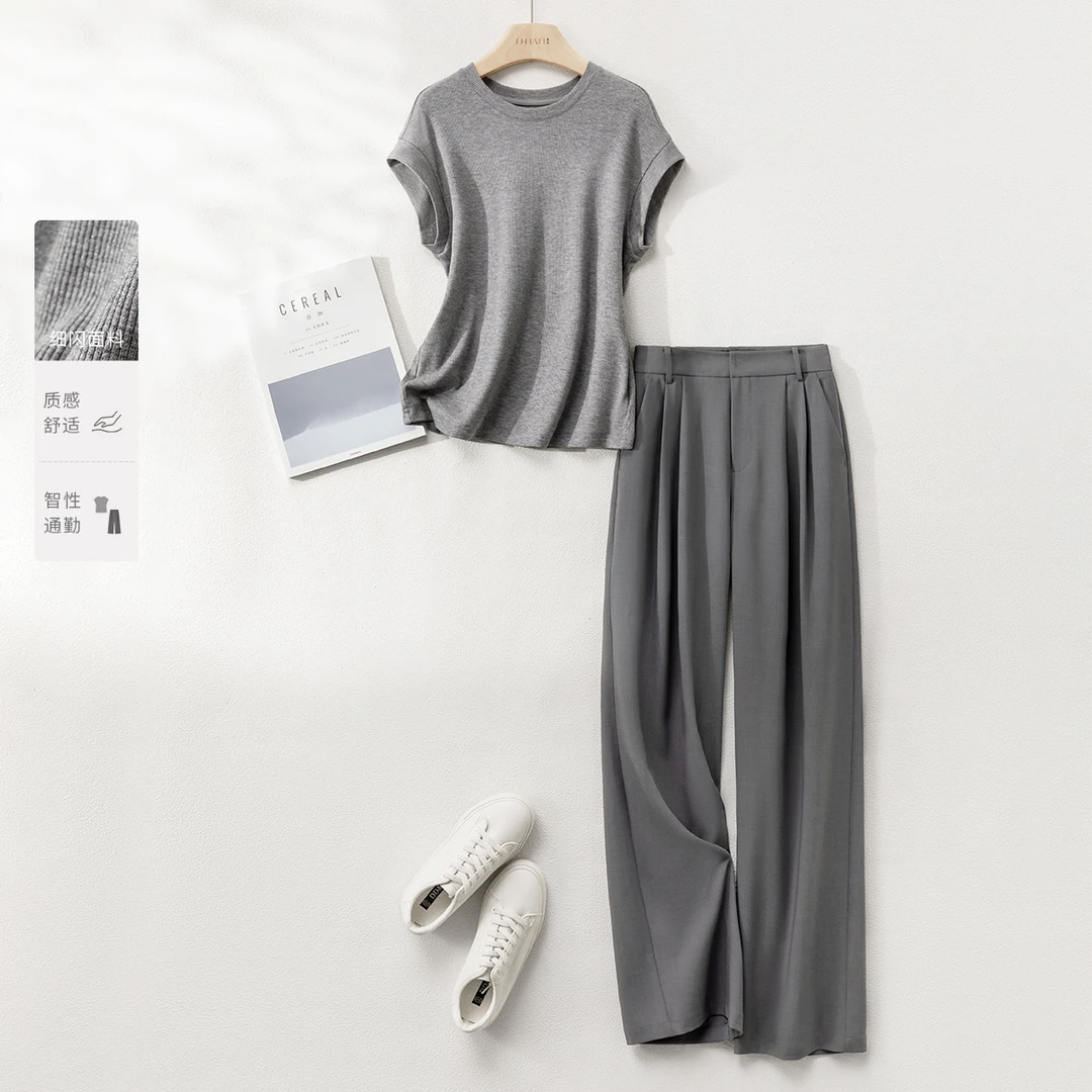 IHIMI/海谧25夏款女精致T恤休闲裤通勤风套装优雅通勤风套装3A009