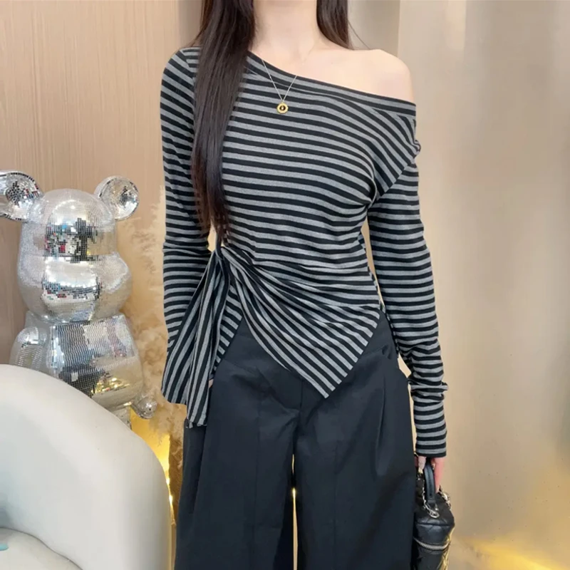 【运补5】大码胖mm韩系条纹不规则开叉斜肩长袖T恤女装早秋收腰上衣