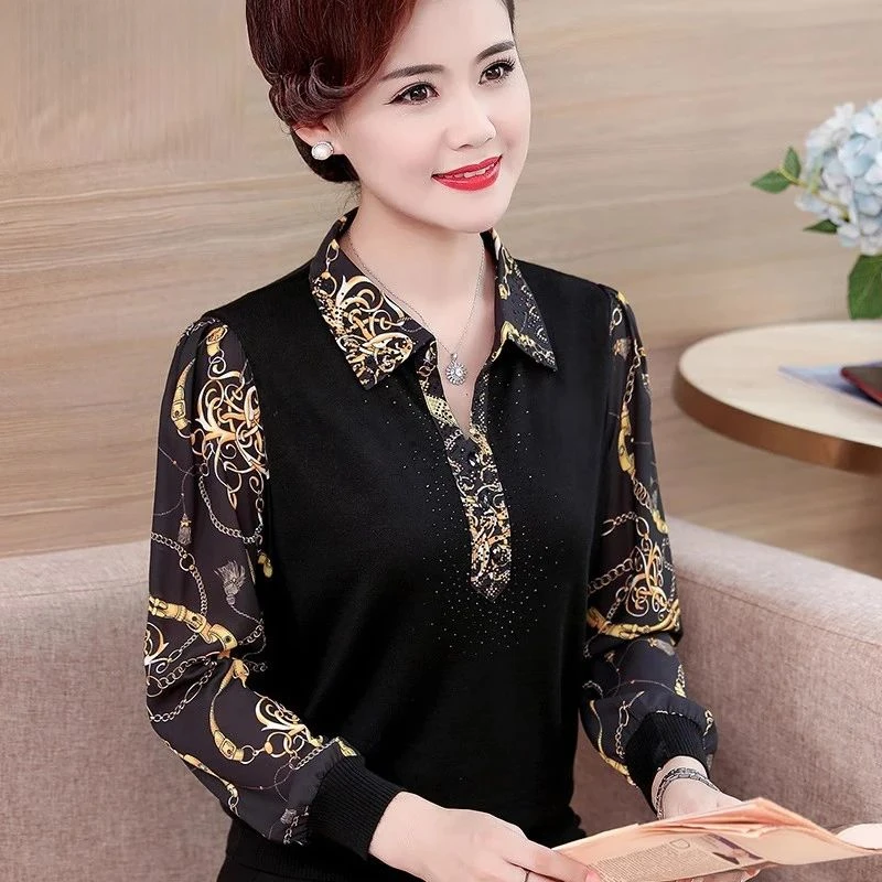 皮尔卡丹妈妈装春秋装上衣新款50-60岁春打底衫洋气衬衫中老年人T