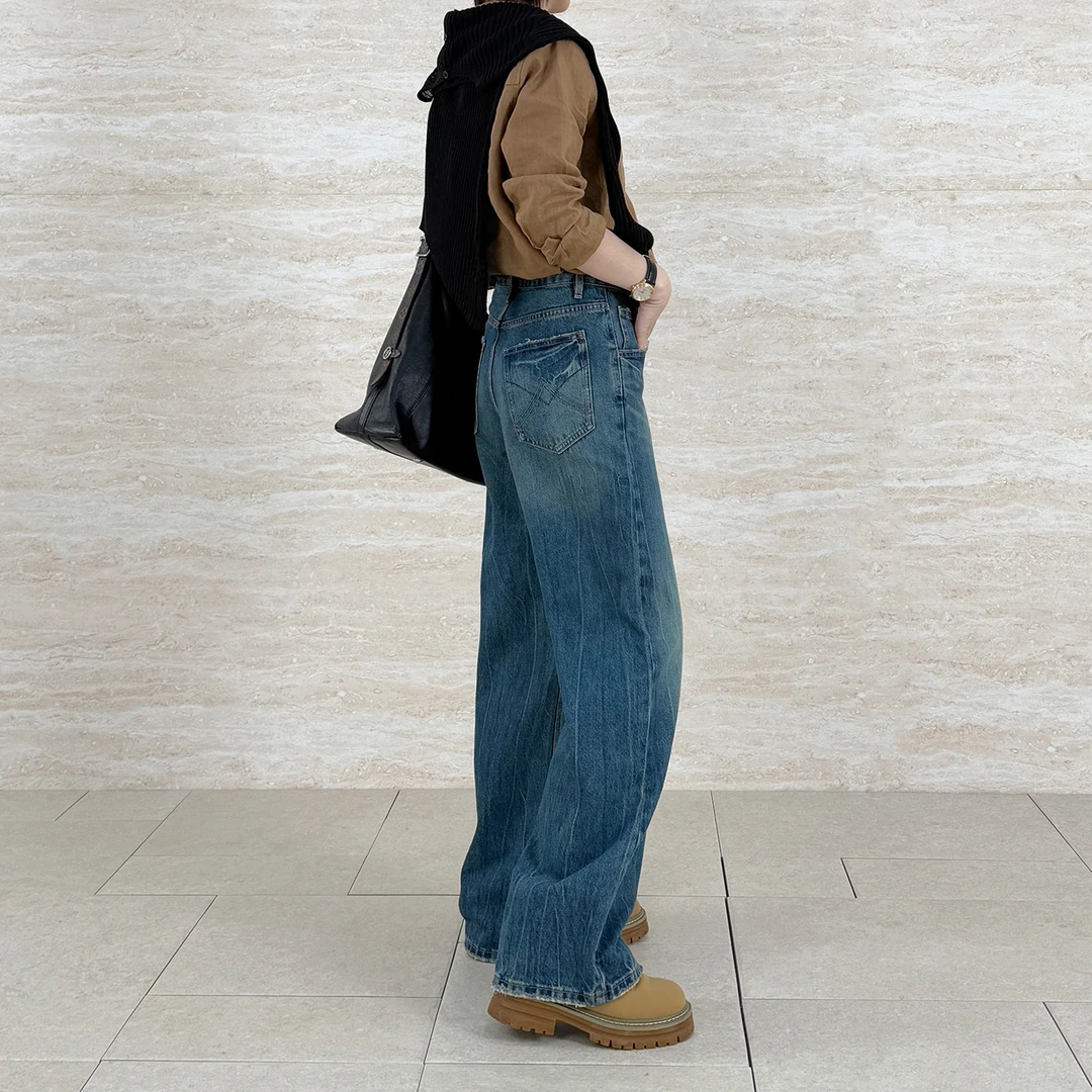 花匣子牛仔裤官方旗舰店2025秋季新款中高个子阔腿裤复古蓝87323