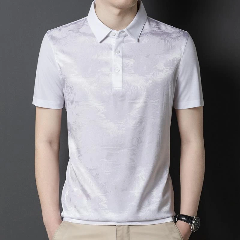 2025夏季新款桑蚕丝短袖男t恤翻领商务休闲男装衫百搭冰丝男上衣T