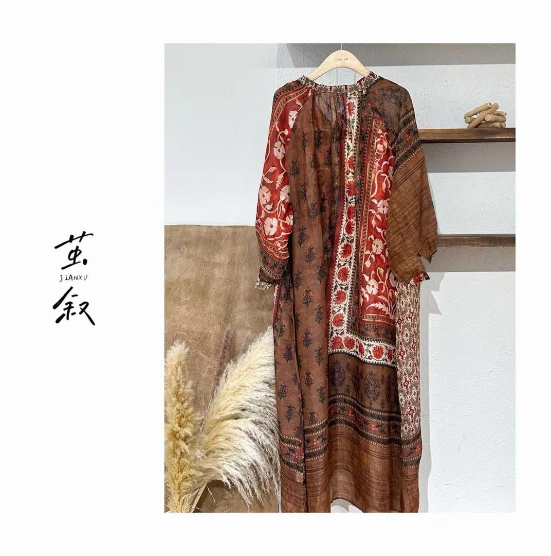 JIAN.XU【波西米亚】100%苎麻法式系带半袖连衣裙 裙长125胸围160