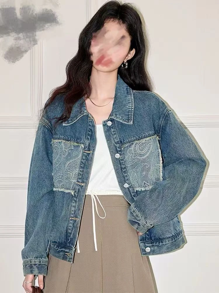 itCHO*原美式翻领复古蓝女款牛仔外套