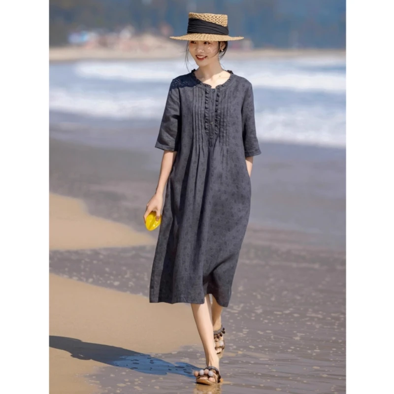 2025春夏新款木耳边碎花亚麻连衣裙中长款文艺复古宽松印花棉麻裙