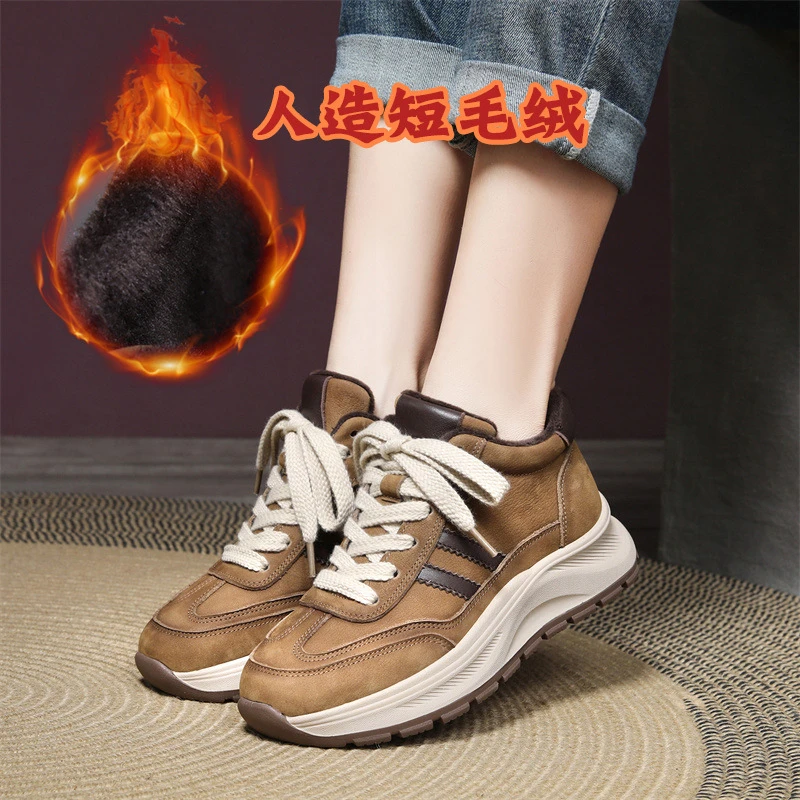 真皮休闲运动鞋女头层牛皮冬季新款复古加绒棉坡跟加绒阿甘鞋
