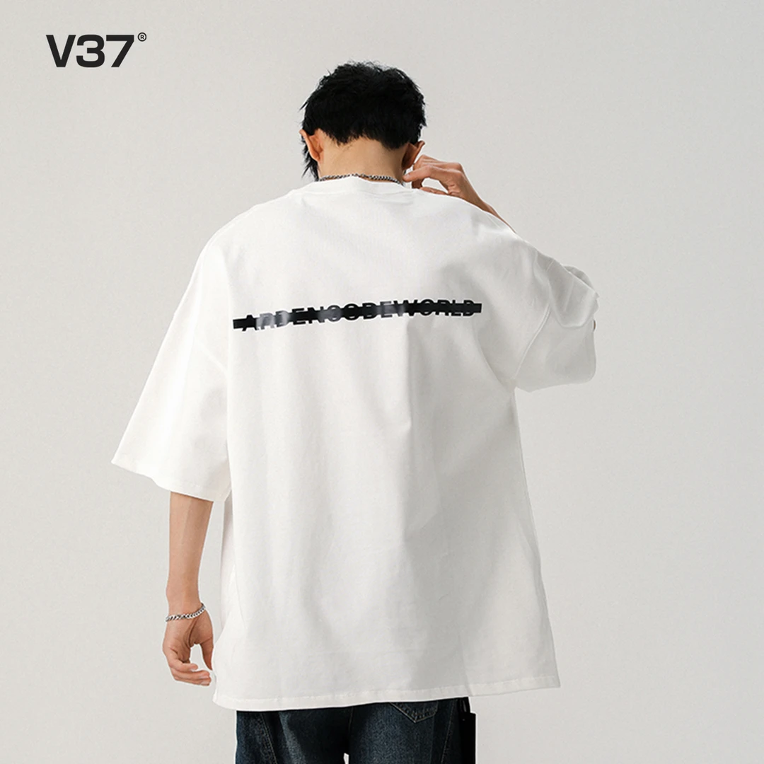 V37美式短袖t恤2025新款男士夏季穿搭白色纯棉宽松潮牌半袖上衣