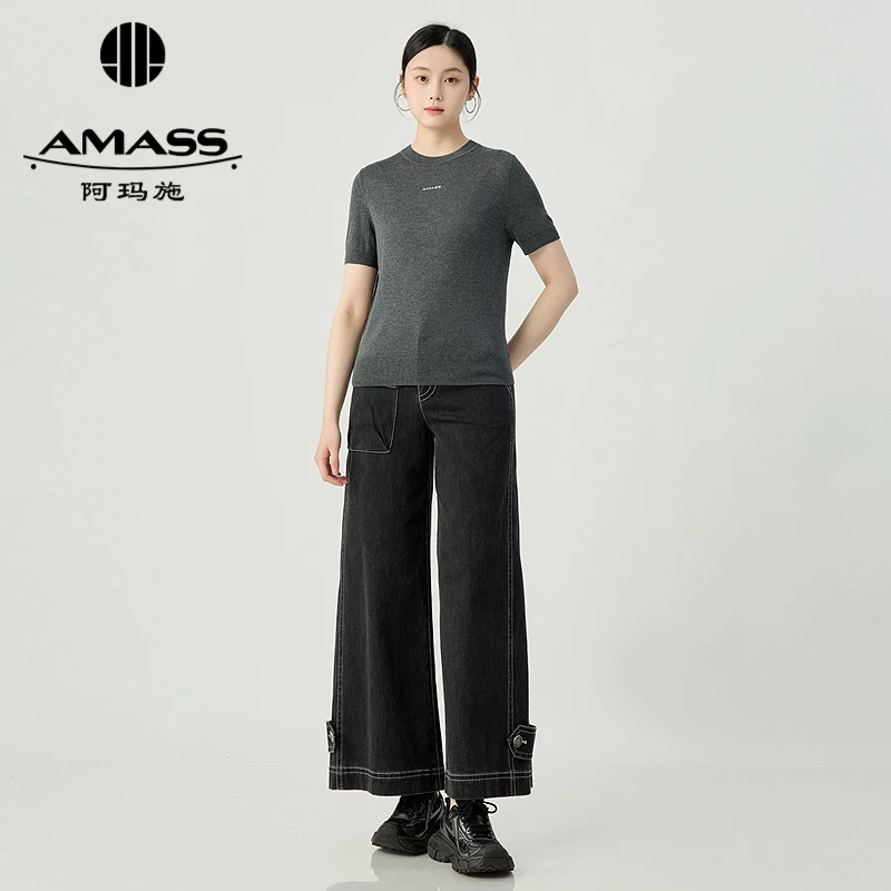 阿玛施AMASSLogo字母点缀衣服圆领针织短袖时尚春游洋气休闲装