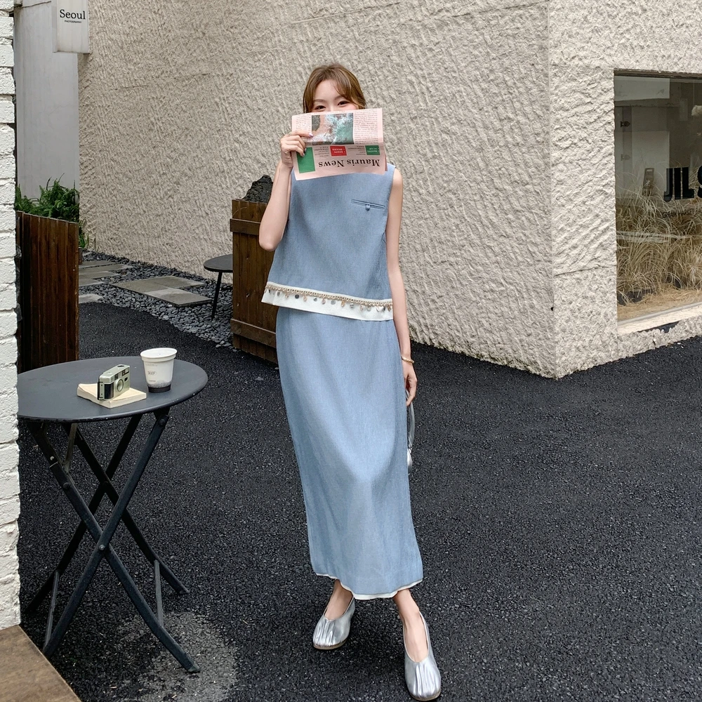 蓝色高级感休闲套装女2025夏季新款时尚无袖背心显瘦半身裙两件套