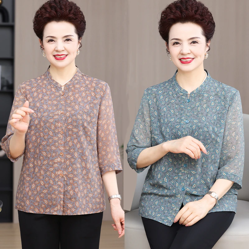 老年女装奶奶夏装七分袖衬衫妈妈装新款春夏季上衣老年人洋气衣服