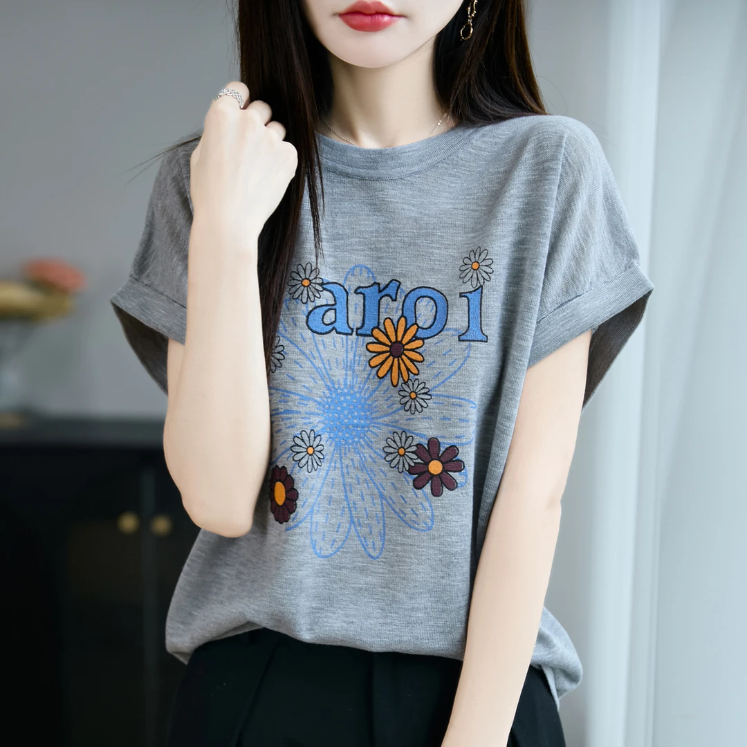 大码女装夏装微胖mm冰丝针织衫女士短袖t恤遮肚子巨显瘦印花上衣