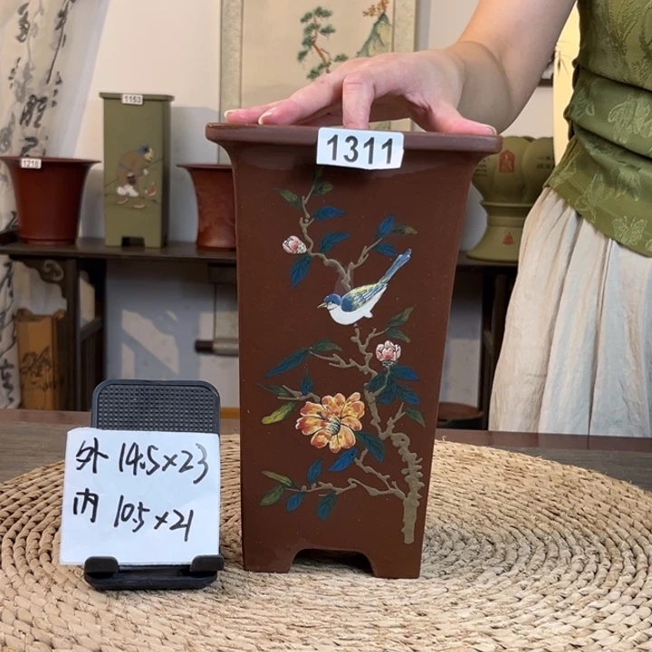 花盆紫砂 放漏新品紫泥彩绘四方签筒1311
