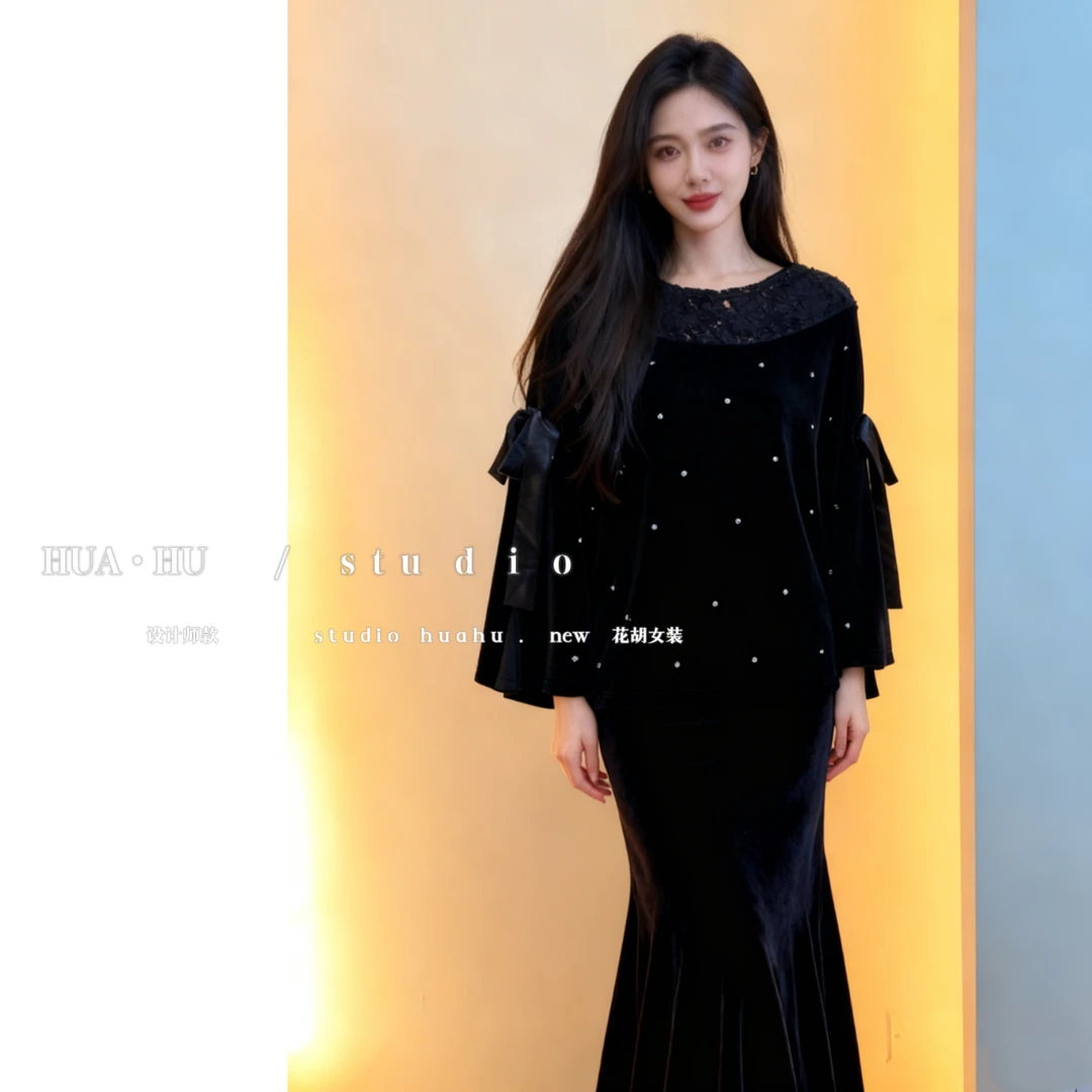 【午夜山茶】 买手店｜蝴蝶结重工水钻斗篷上衣n +半身鱼尾裙10215#