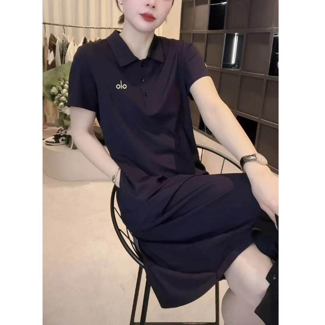 夏款衬衫领设计感时尚百搭藏蓝polo连衣裙显瘦上衣女