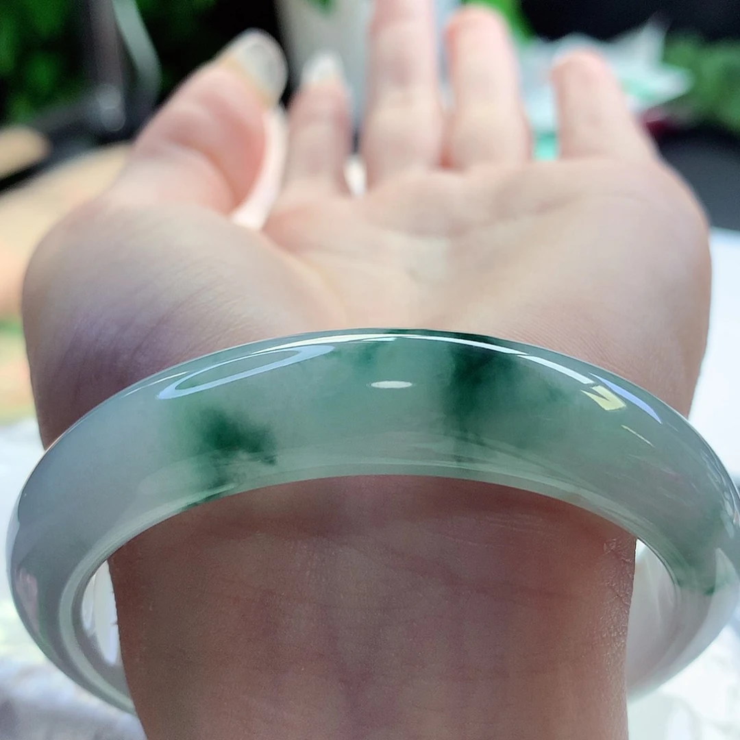 翡翠手镯未镶嵌天然翡翠58-59小万花开富贵 水墨丹青