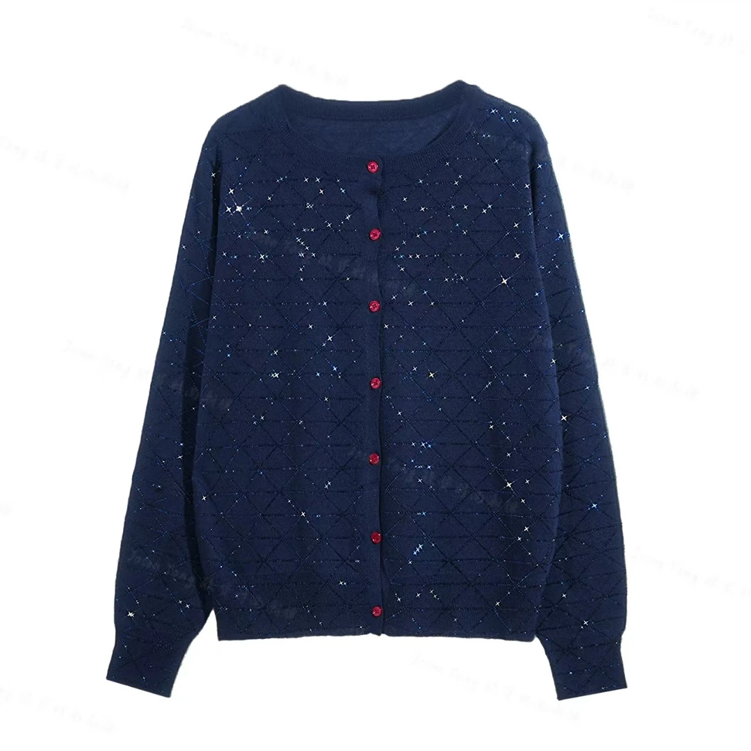 现货丽丽家 春季新款蓝色菱形格烫钻百搭时尚开衫