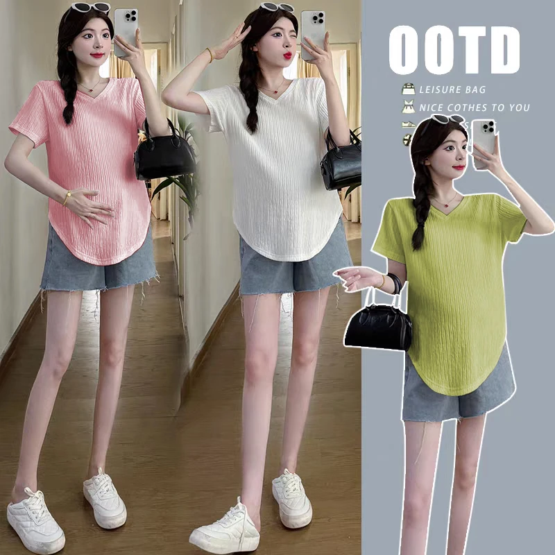 孕妇夏季时尚百搭V领肌理感短袖薄款宽松T恤