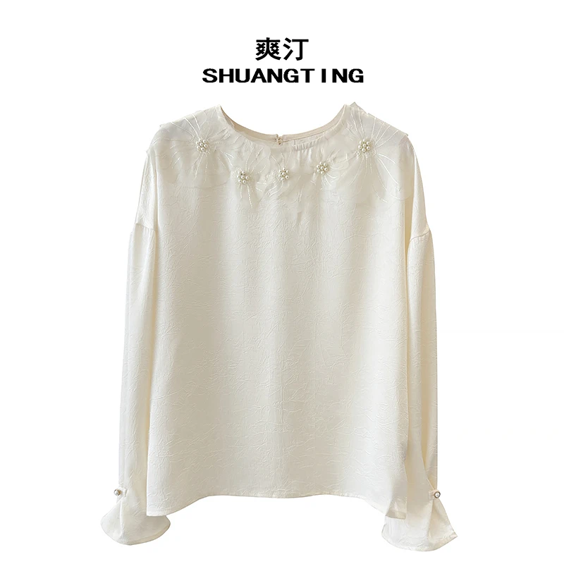 Jokara/丘可儿【初晴】国风中式泡泡袖衬衫设计感提花圆领衬衣春季