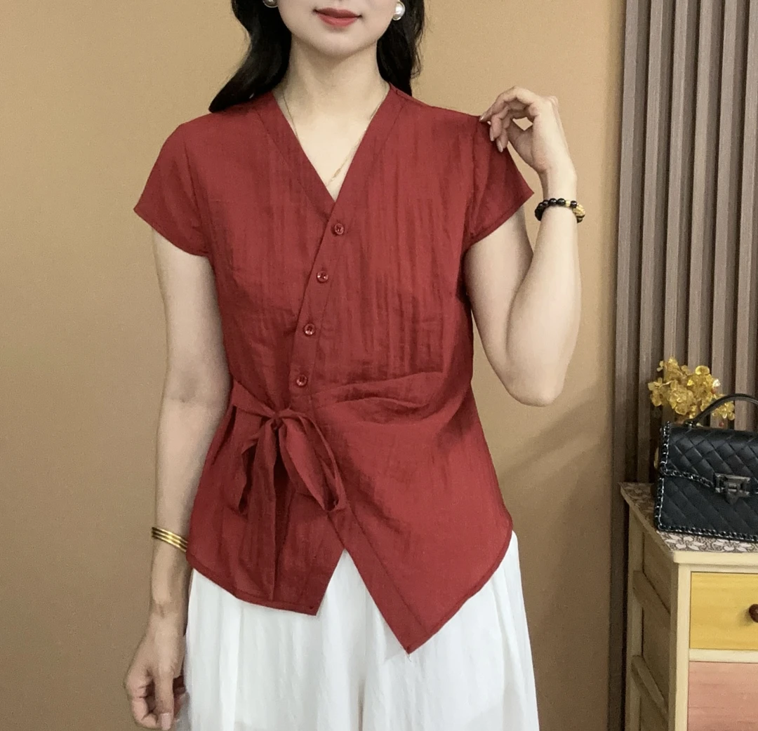 2025夏季新款休闲洋气短袖气质百搭V领显瘦开衫扣上衣小衫60626