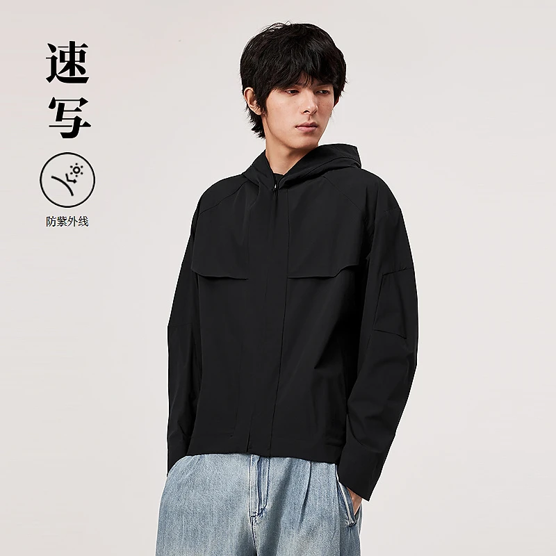 速写男装春新品夹克短款长袖休闲防晒简约黑色宽松男士9O3615140