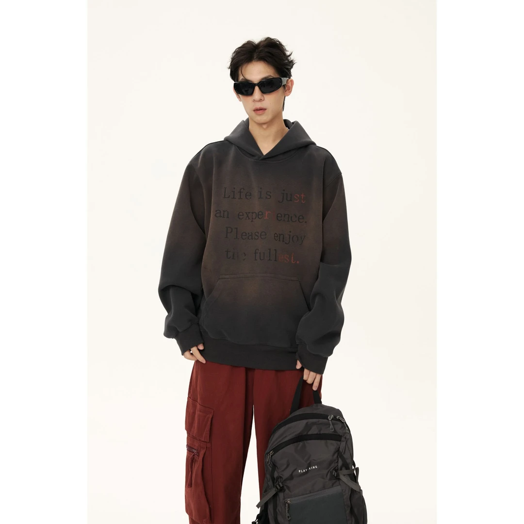 两種身份复古渐变水洗字母印花连帽卫衣vintage设计感帽衫