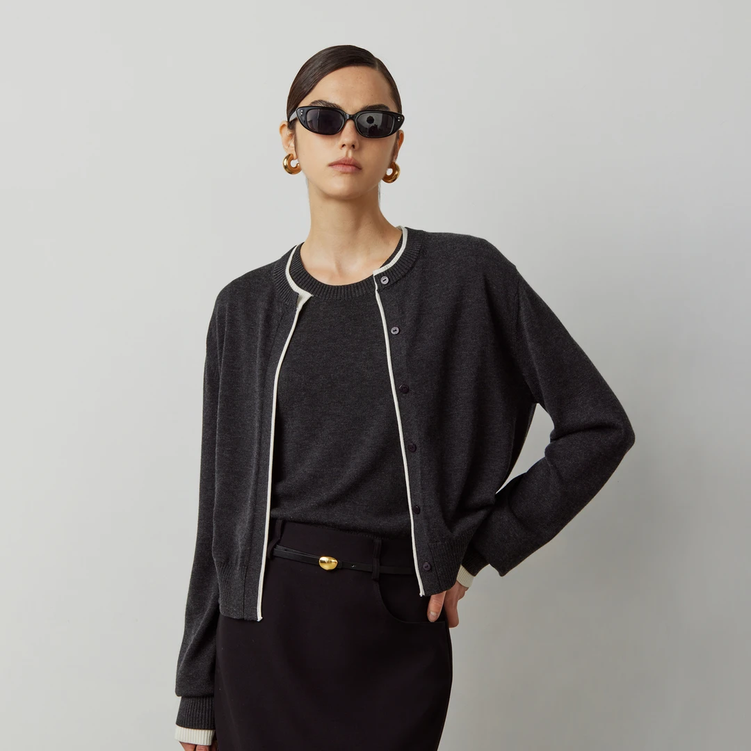 LYNEE 撞色拼接天丝羊毛宽松廓形开衫外套LGD2ESK054