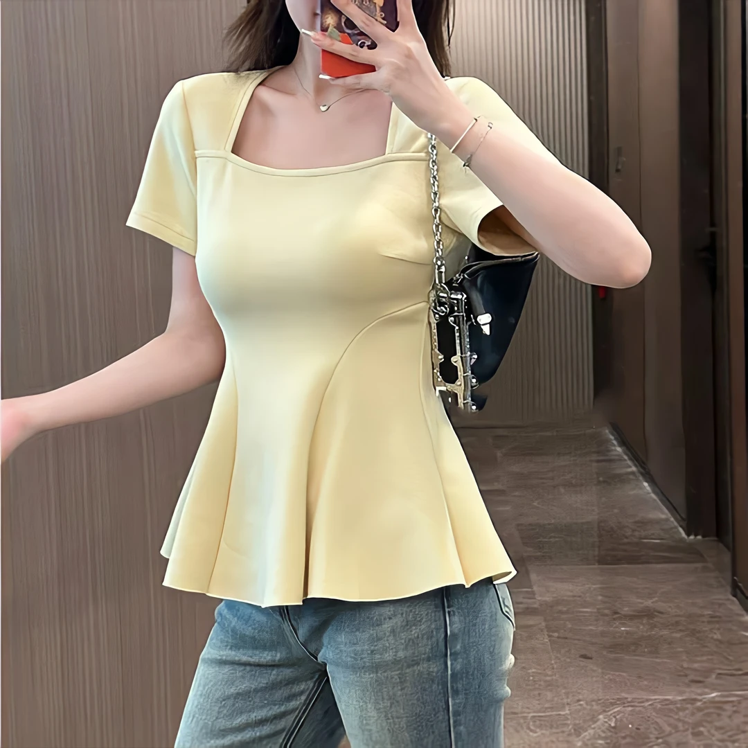 纯欲辣妹方领正肩短袖黑色t恤女夏季胖mm遮肚显瘦鱼尾上衣