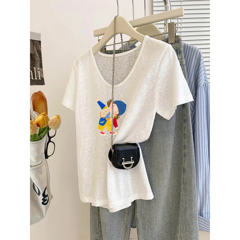 韩系卡通小女孩印花雪花棉微透V领短袖T恤女2025夏季新款宽松上衣