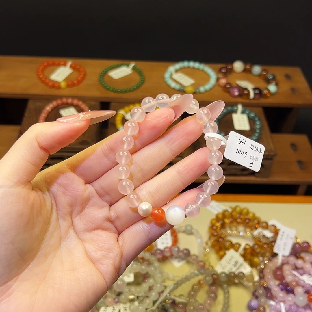 烟晶手链银S925镶嵌粉水6001透的