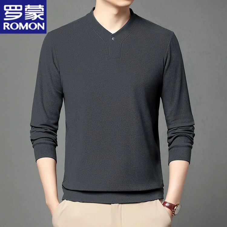 罗蒙男士秋冬季男士纯色德绒t恤打底衫V领青年双面绒潮流百搭T恤