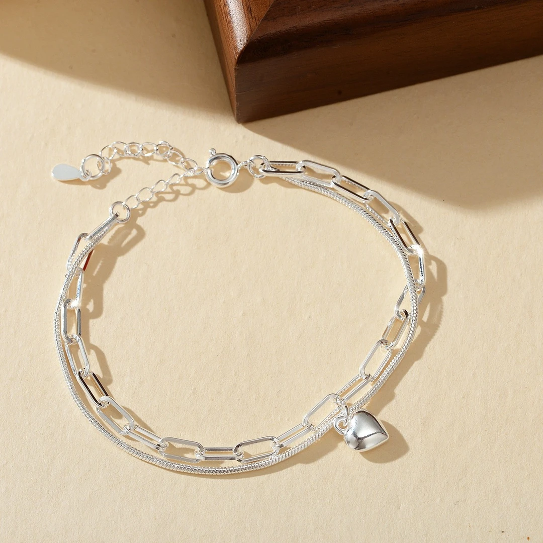 925银手链 双层爱心手链女简约时尚气质百搭个性轻奢蛇骨链手饰