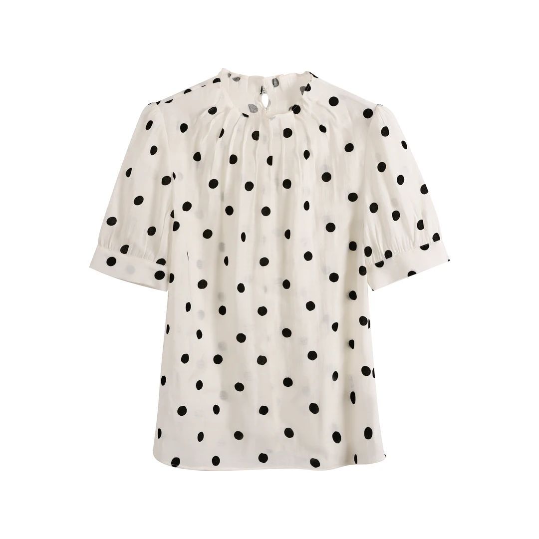 30267【朗*订单】味褶皱领波点天丝凉感短袖衬衫0070