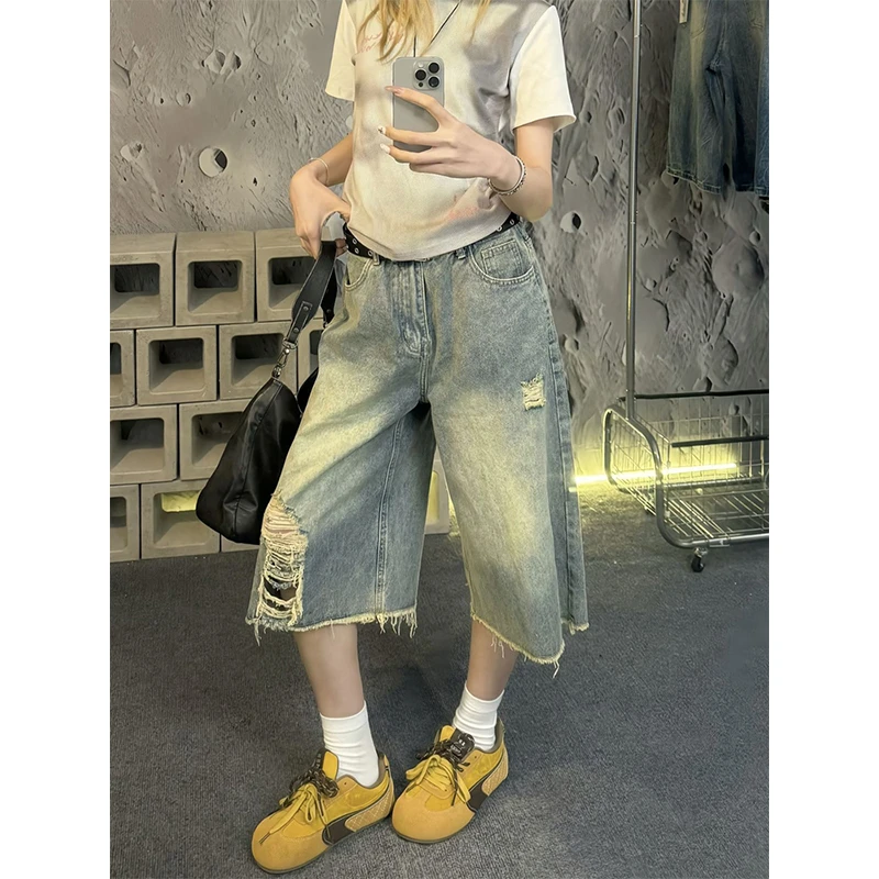 美式复古破洞七分牛仔短裤女新款高腰宽松阔腿显瘦毛边直筒中裤子