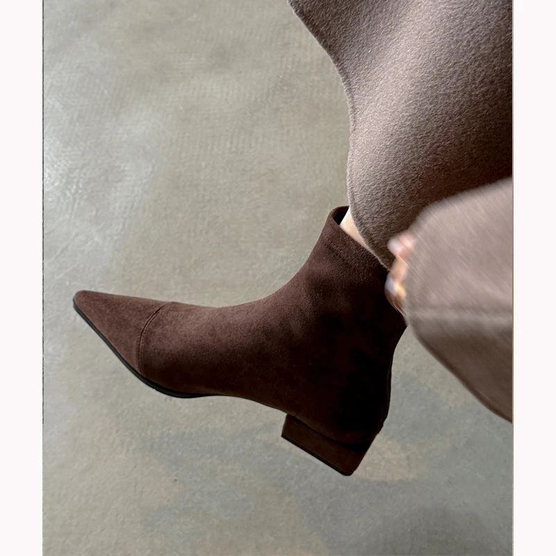 高定版~法式气质粗弹力短靴女尖头瘦瘦靴韩国百搭切尔西单靴裸靴