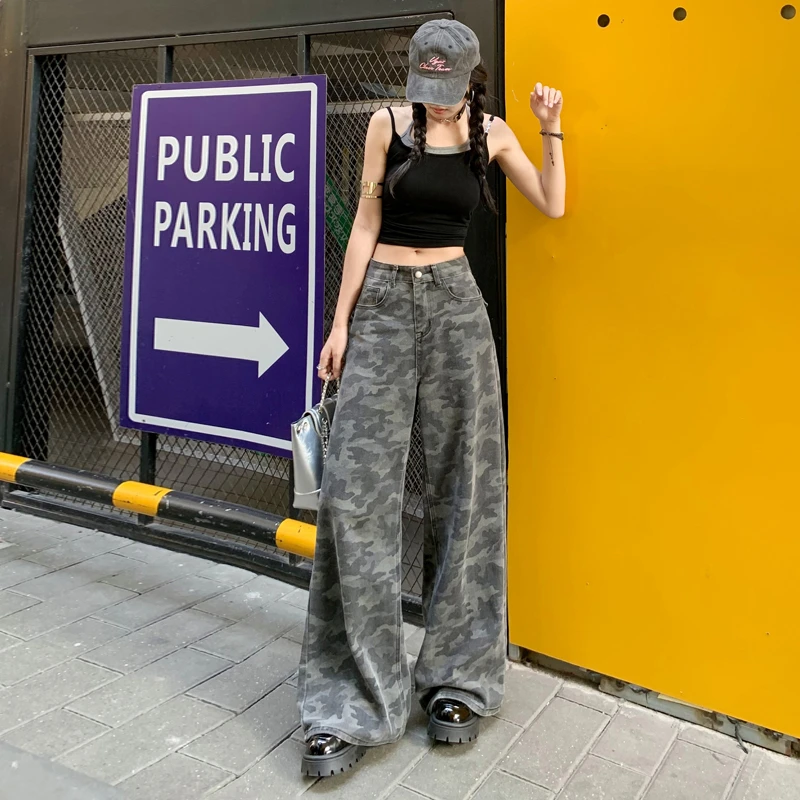 美式高街工装阔腿迷彩牛仔裤女垂感夏季复古高腰宽松慵懒直筒裤子